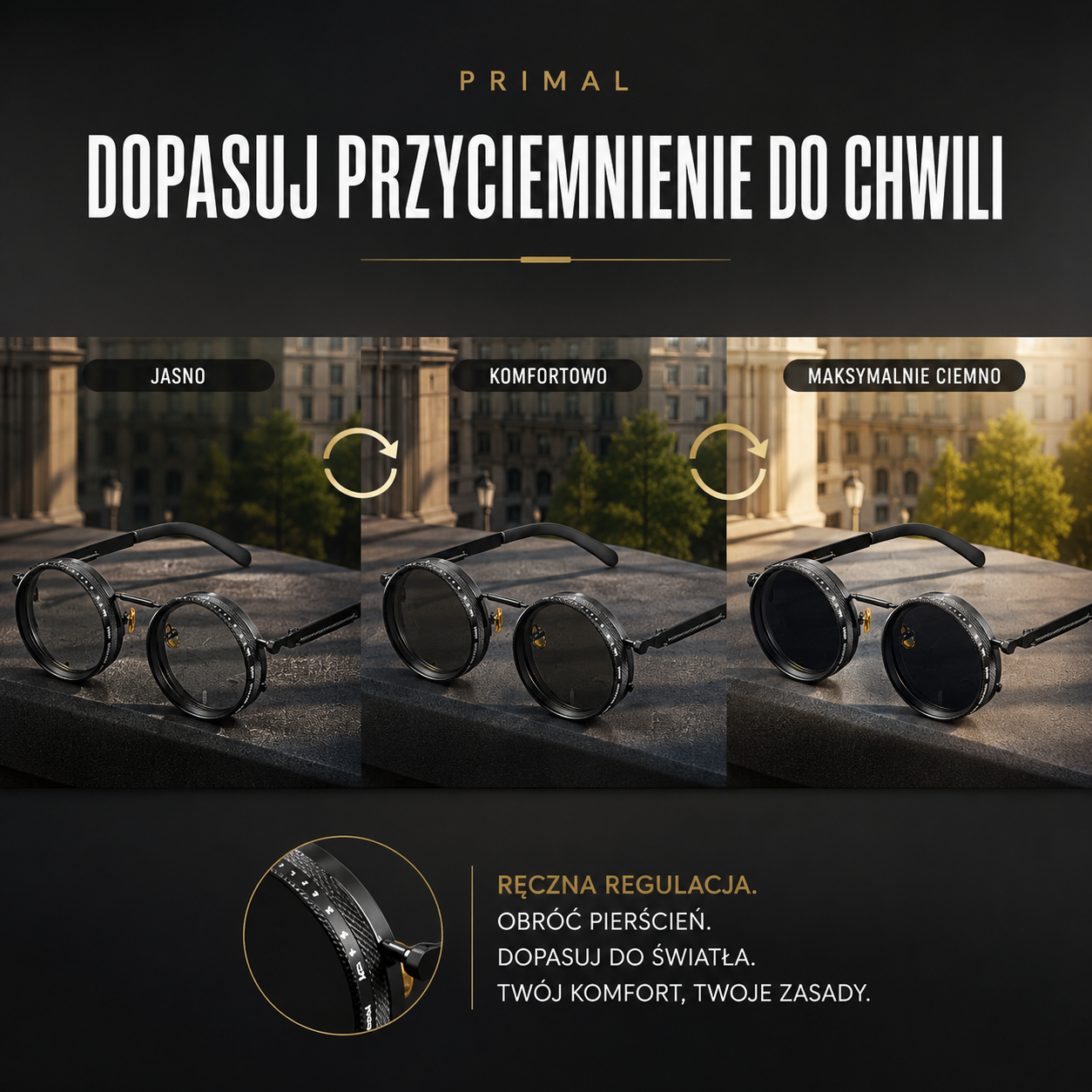 Polaryzacyjne okulary przeciwsłoneczne z regulacją przyciemnienia