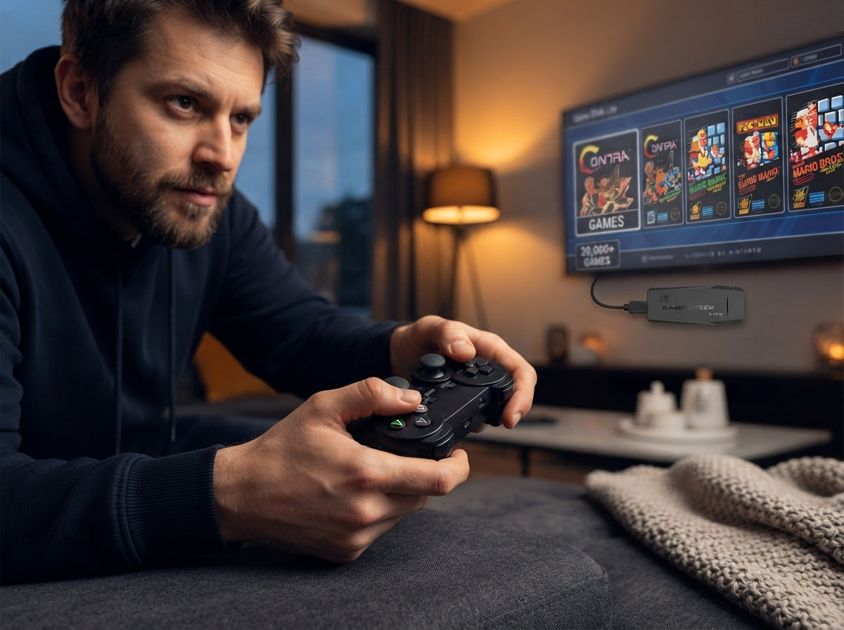 A man playing a retro 4K wireless console in a modern living room, focusing on the controller and zero-lag performance.