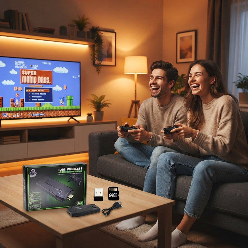 A young couple playing retro games on a TV in a cozy living room with warm amber lighting.