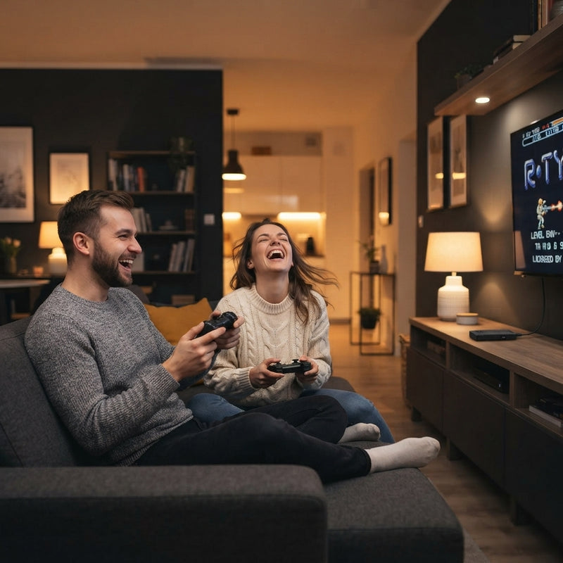 A couple playing a retro wireless gaming console in a modern living room, focusing on the freedom of cable-free controllers.