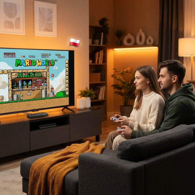 A couple playing a retro video game on a modern TV in a cozy living room with warm lighting.