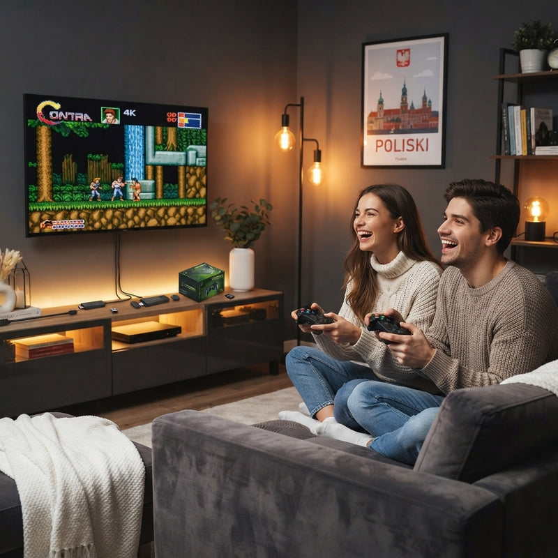 Two people playing on a retro wireless game console in a modern living room with a large TV displaying a classic video game.